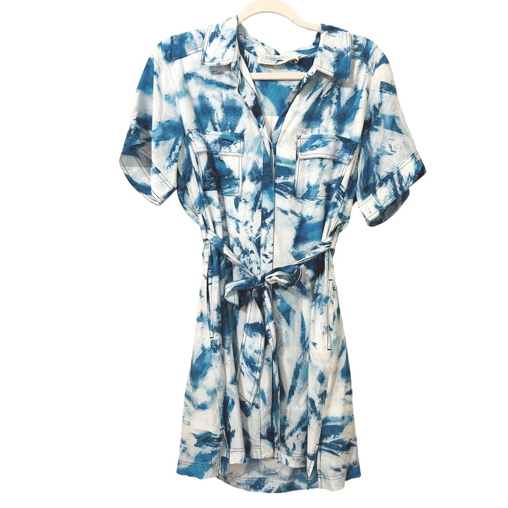 Marie Oliver Size S Silk‎ Blend Belted Shirt Dress Blue White Abstract